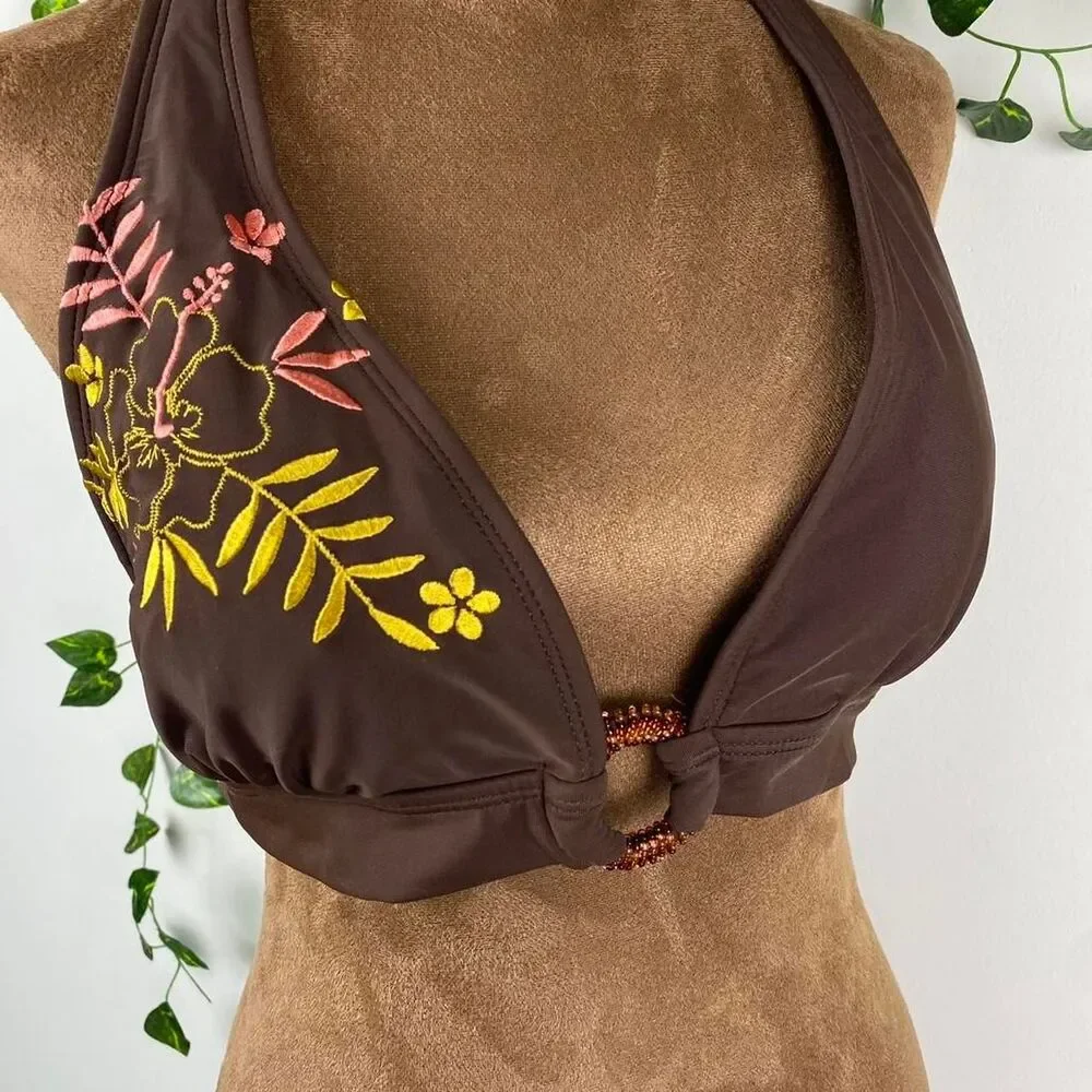 True Y2k embroidered beaded bikini halter top tie adjustable fairy brown pink